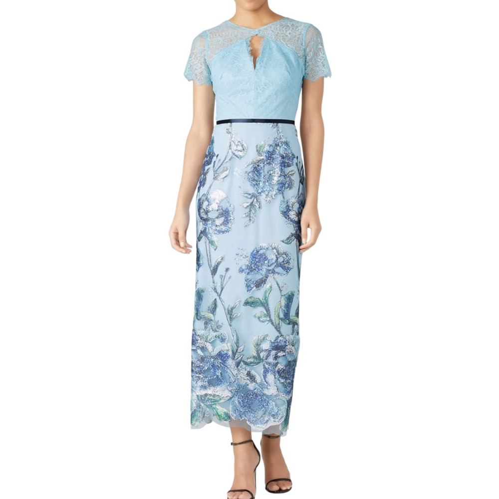 Marchesa Notte Blue Lace & Floral Sequin Embellished Midi Sheath Dress 18 NWT - Picture 2 of 16